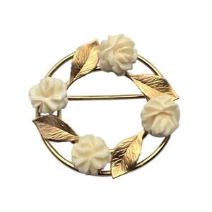 Elegant Carved Roses & Leaves Vintage 12K Gold Filled C.R. CO. Floral Brooch
